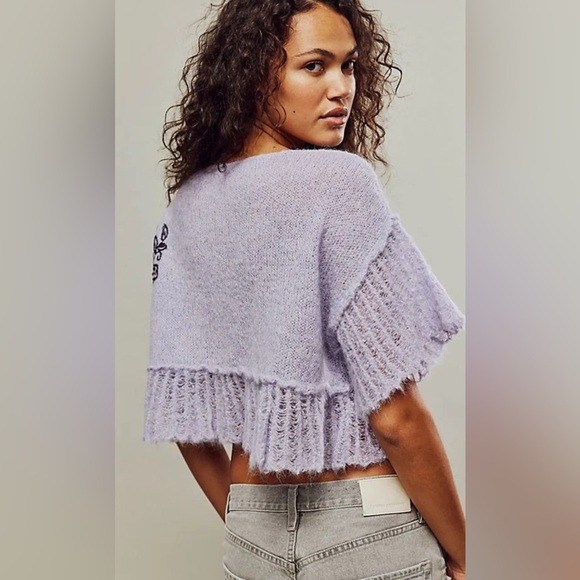 Free People Robin sheer crop Sweater Tee lavender with Black XS - Picture 2 of 8